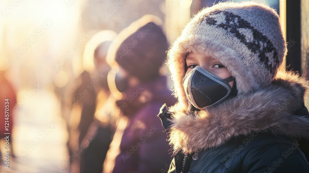 Obraz premium Children at a Bus Stop in a Suburban Neighborhood
