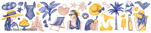 Summer watercolor illustration set, vector hand drawn beach vacation sticker, tropical ocean rest. Beautiful woman portrait, mediterranean weekend clipart, swimming suit, sun hat. Summer beach kit