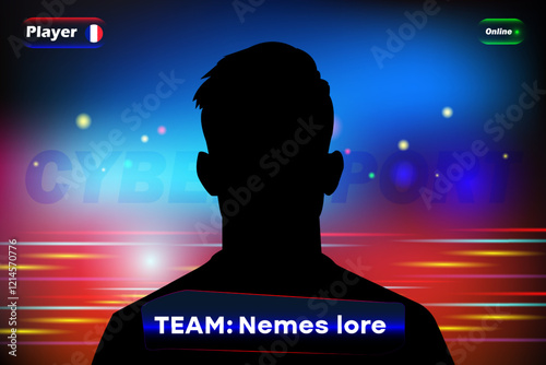 sports player silhouette with gradient background, team name, and online status. Digital design for gaming and branding
