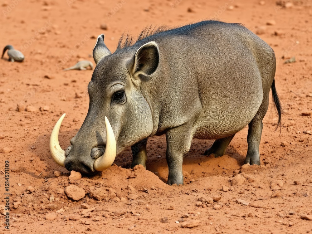 A solitary warthog roots through the dry earth with its tusked snout uncovering hidden treasures beneath the surface, savanna wilderness, earthy tones, dry soil