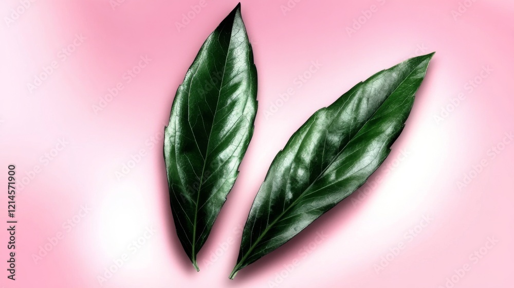 Obraz premium Close-up of Two Lush Green Leaves on Pink Background