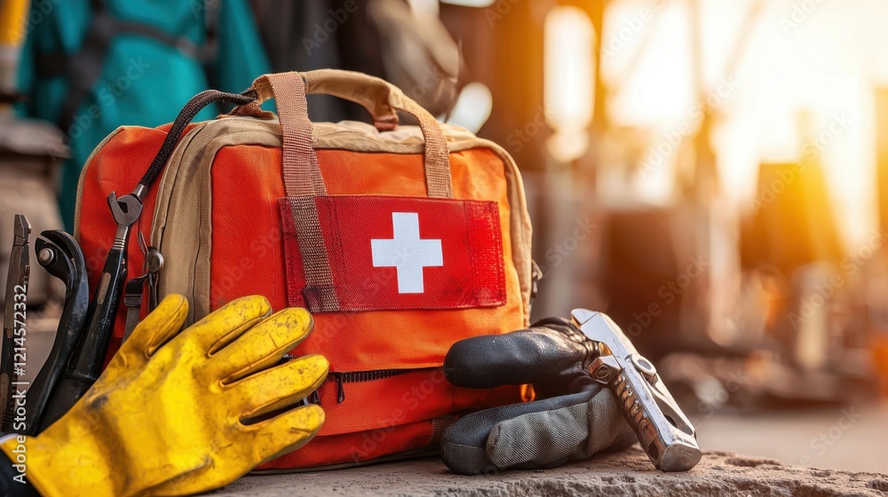 Fototapeta premium First Aid Bag Close Up with Gloves and Tools in Construction Setting