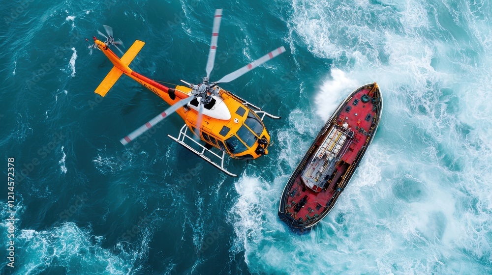 Fototapeta premium Aerial View of Rescue Helicopter Assisting at Ocean Scene