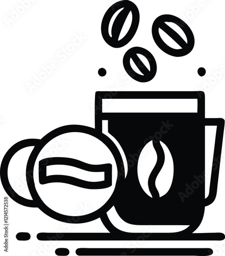 Vector art illustration of a coffee cup with beans, a digital icon for web design