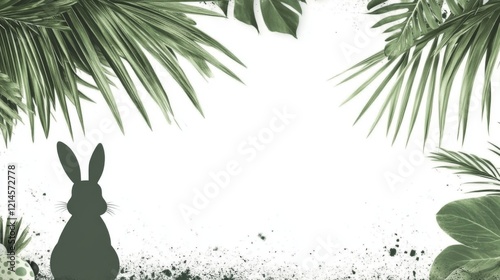 Easter Bunny Silhouette with Tropical Leaves: Springtime Minimalist Design