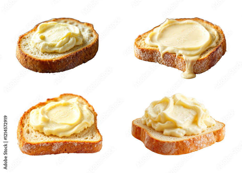 Rustic bread slice set with whipped butter and green garnish on transparent background Rustic bread slice set with whipped butter and green garnish on transparent background