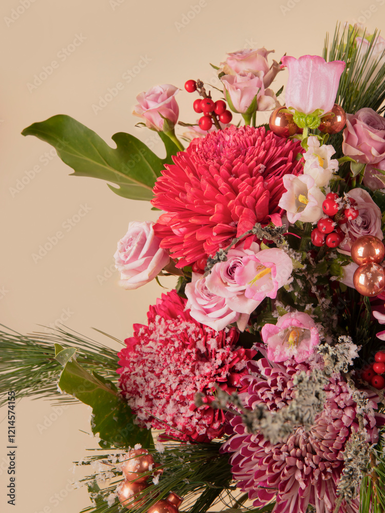 Elegant pink and red floral bouquet with vibrant chrysanthemums, roses, and seasonal greenery, adorned with berries and festive decorations for holiday celebrations Elegant pink and red floral bouquet with vibrant chrysanthemums, roses, and seasonal greenery, adorned with berries and festive decorations for holiday celebrations