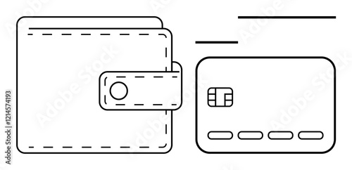 Wallet with snap closure and credit card. Ideal for finance, banking, personal finance, shopping, savings budgeting digital payments. Line metaphor. Simple line icons