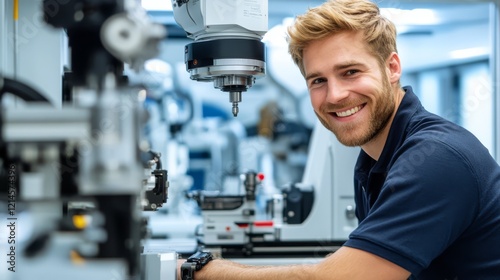A smiling male mechanical engineer in his thirties, wearing dark blue and black with an open collar shirt underneath