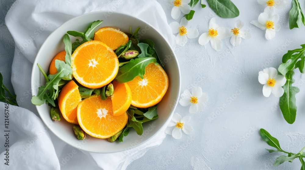 spring citrus salad, citrus salad with oranges, arugula, and pistachios, arranged on a white cloth with spring blossoms, is a refreshing sight spring citrus salad, citrus salad with oranges, arugula, and pistachios, arranged on a white cloth with spring blossoms, is a refreshing sight