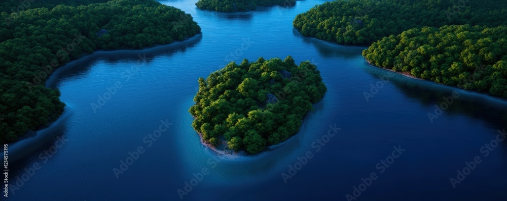 Serene Island Escape: An Aerial View of Lush Green Islands Surrounded by Tranquil Deep Blue Waters Serene Island Escape: An Aerial View of Lush Green Islands Surrounded by Tranquil Deep Blue Waters