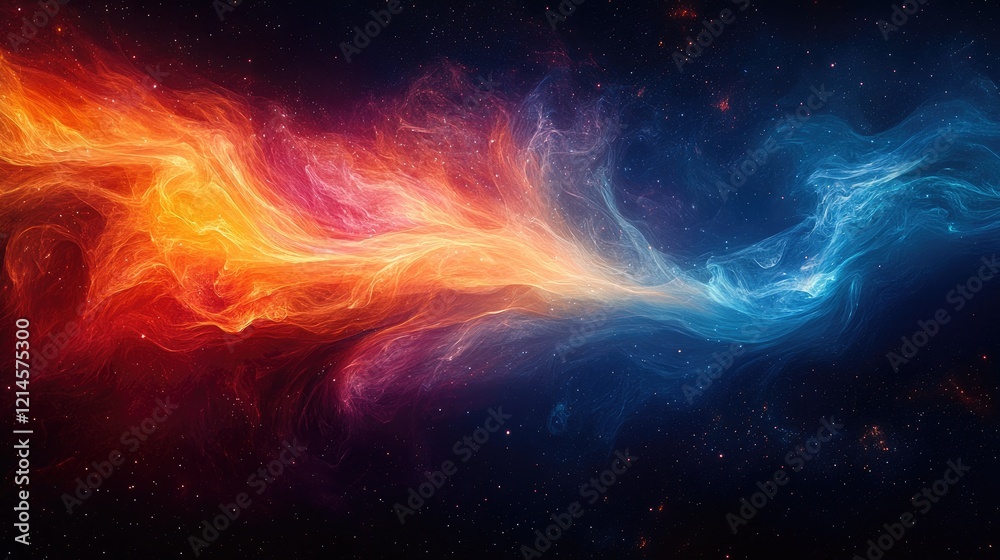 Obraz premium Fiery and Icy Nebula Cosmic Dance: A vibrant nebula showcases contrasting colors of fiery orange and cool blue, swirling in a cosmic dance against a backdrop of twinkling stars.