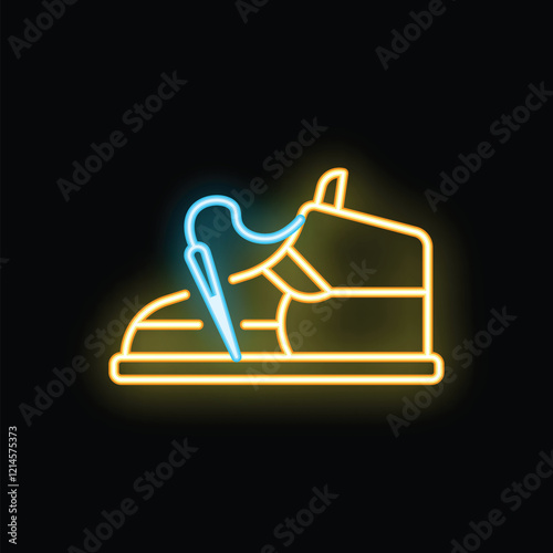Neon sign representing a needle sewing the sole of a shoe, with blue and yellow lights on a black background