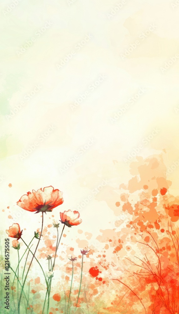 Obraz premium abstract background of water color splash, pastel color, green red orange yellow tone. draw on rough paper. add draw seamless floral, flower by water color painting