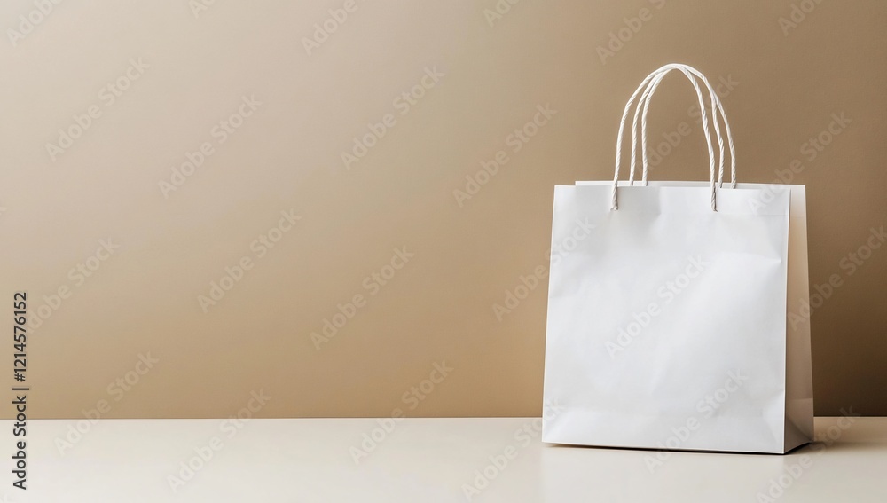 White paper bag on beige background, shopping, mockup White paper bag on beige background, shopping, mockup