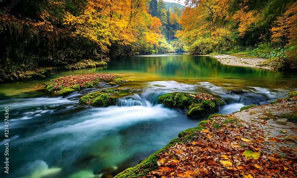 A serene river flows through a vibrant autumn landscape with colorful foliage. A serene river flows through a vibrant autumn landscape with colorful foliage.