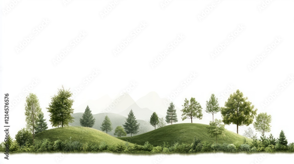 Fototapeta premium Offset and Preservation concept, Lush green hills with various trees and a serene atmosphere.