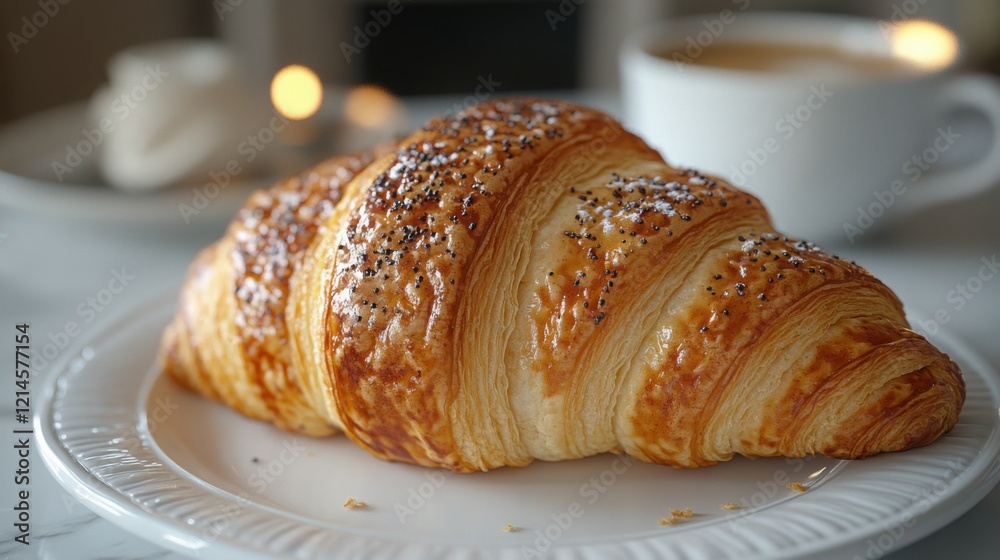 Delicious Golden Brown Croissant Pastry with Poppy Seeds on White Plate Delicious Golden Brown Croissant Pastry with Poppy Seeds on White Plate