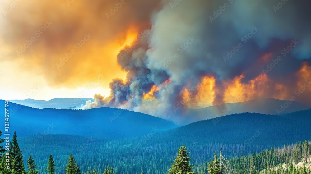 Fototapeta premium Dramatic Valley Fire with Smoke and Distant Mountains