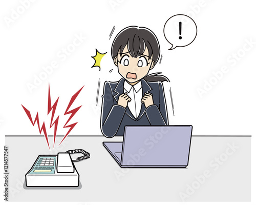 電話が鳴って怖がる電話恐怖症のスーツの女性（フルカラー）