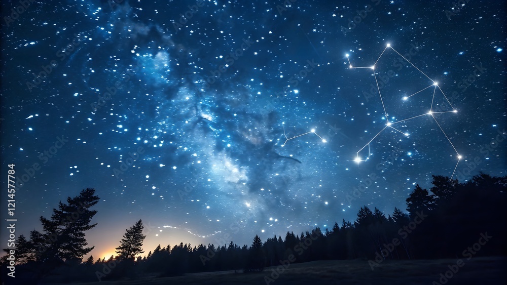 Naklejka premium Night Sky with Stars and Constellations Over Forest Landscape