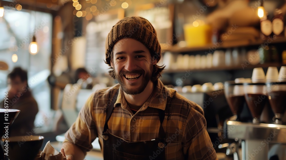 Fototapeta premium Bearded hipster barista wearing a beanie smiles while working in a coffee shop.