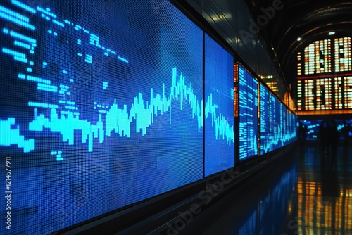 Blue stock exchange market graph on LED screen for business analysis. Finance and economic graphs. photo