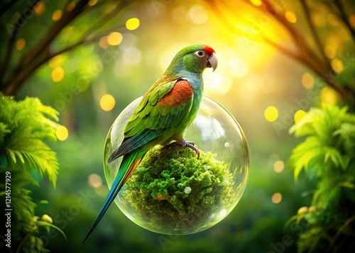 Antipodes Parakeet Double Exposure: Garden Bird on Orb, Lush Trees photo