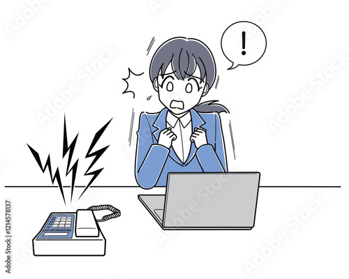電話が鳴って怖がる電話恐怖症のスーツの女性（シンプル）