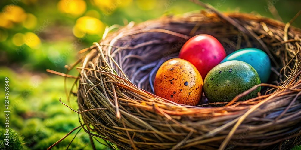 Colorful Easter Eggs in Nest Close-Up Shot - Spring Holiday Background Colorful Easter Eggs in Nest Close-Up Shot - Spring Holiday Background
