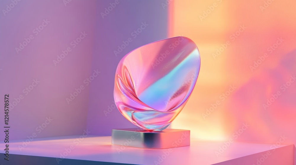 A glossy pastel-hued holographic sculpture on a minimalist base. A glossy pastel-hued holographic sculpture on a minimalist base.