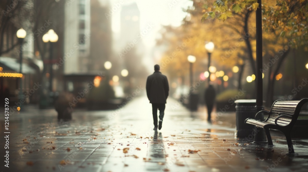 Obraz premium Man walking alone on a wet city street in autumn.