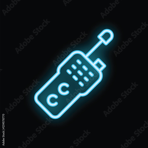 Blue neon icon of a walkie talkie glowing on a black background