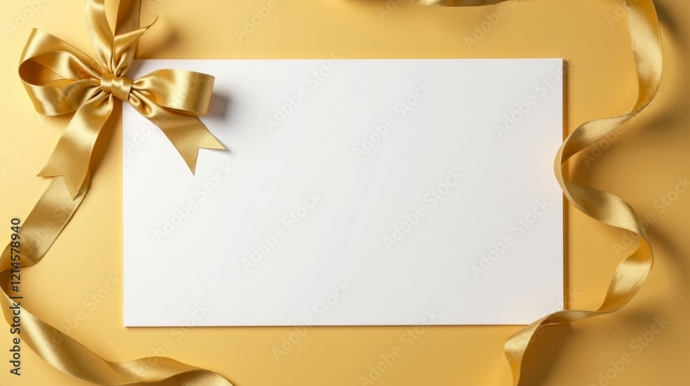 Elegant blank greeting card with golden ribbon bow on yellow background, perfect for invitations, celebrations, weddings, birthdays, and special occasions mockup