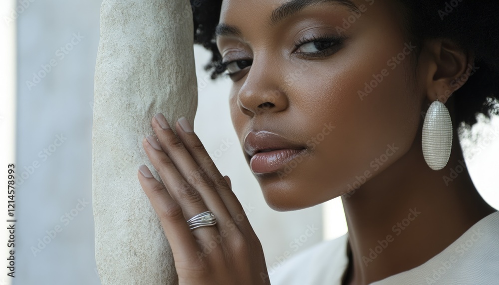 Obraz premium Woman with dark skin poses near a textured column
