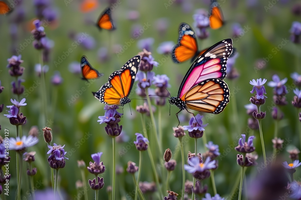 Naklejka premium Butterfly on the blue flowers, close-up