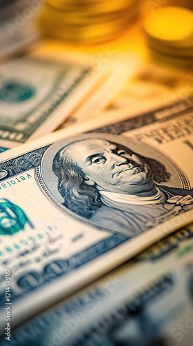 Close-up of a hundred-dollar bill with stacked coins in the background