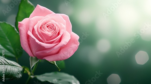 Close up of a pink rose flower with green leaves on a blurred background in natural light