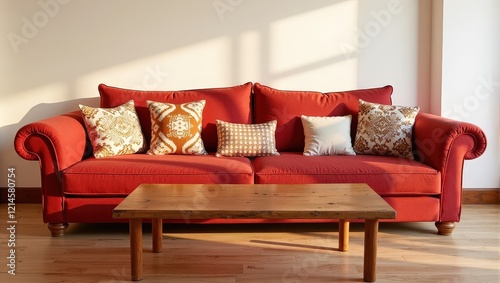 Cozy interior scene: plush red couch adorned with vibrant decorative pillows, facing a chic wooden coffee table with elegant four-legged design. Soft lighting adds warmth to the serene setting photo