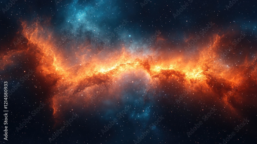 Fototapeta premium Fiery Nebula in Deep Space: A Cosmic Tapestry of Orange and Blue