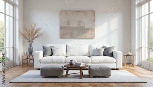 A cozy room featuring a plush white leather couch adorned with gray and white patterned pillows, flanked by sleek gray ottomans beside a round wooden table, inviting relaxation.   photo