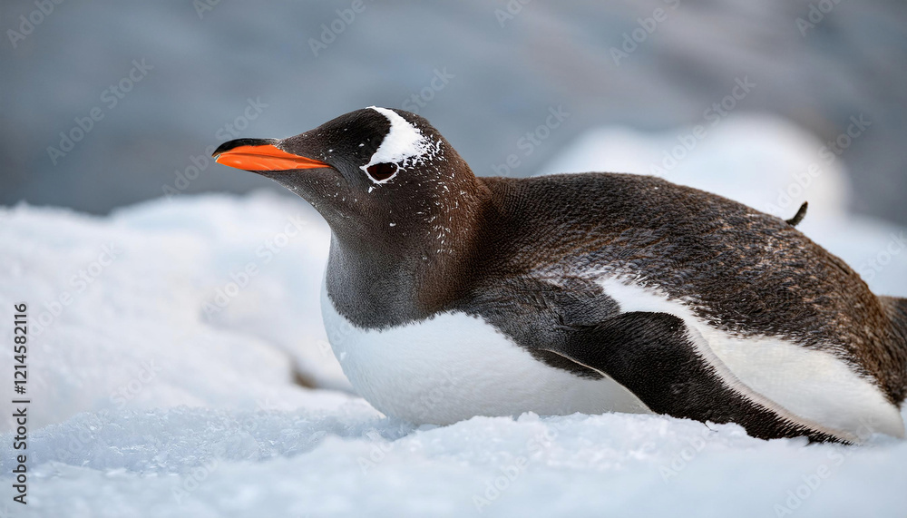 Fototapeta premium A Gentoo penguin slides on its belly across the snow with its flippers outstretched in an elegant gliding motion.