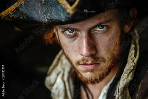 Vivid portrait of a fierce pirate captain in costume, ai generative photo