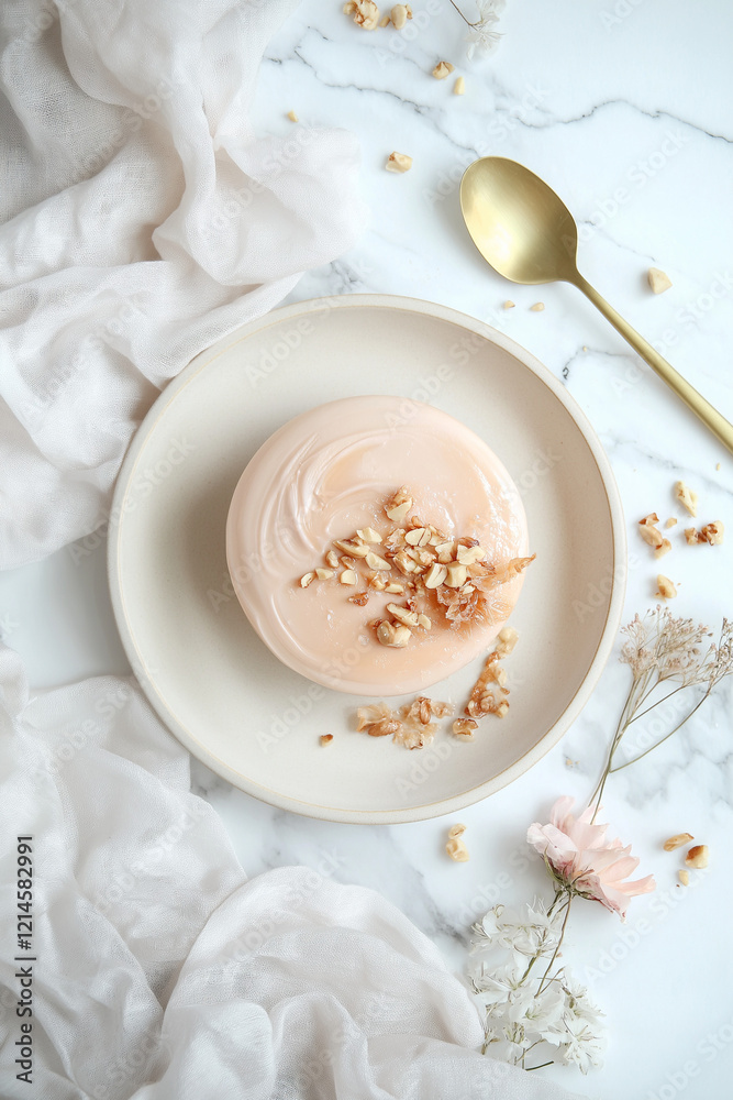 A pastel-toned 3D-printed dessert with soft swirls of pink, lavender, and mint green, topped with crunchy caramel shards and biscuit crumbles, presented in a minimalist, airy setting Generative AI A pastel-toned 3D-printed dessert with soft swirls of pink, lavender, and mint green, topped with crunchy caramel shards and biscuit crumbles, presented in a minimalist, airy setting Generative AI