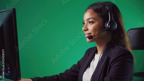 African American woman in a black blazer with a headset working in front of a green background, suitable for customer support, consulting, business assistance, and communication services