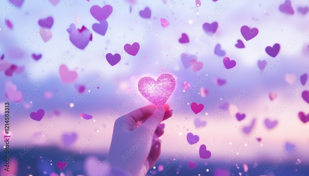Fototapeta premium A Hand Holding a Sparkling Heart Amidst a Falling Shower of Pink and Purple Confetti
