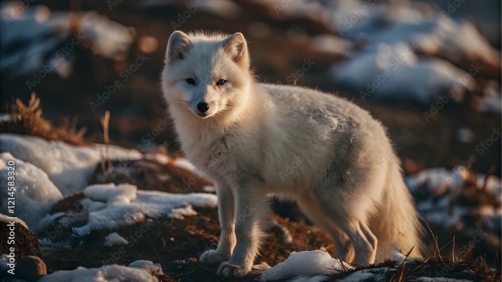 Arctic fox in a snowy wilderness during golden hour, showcasing wildlife, nature, tundra habitat, pristine beauty, fur texture, winter scenery, and animal adaptation to cold environments Arctic fox in a snowy wilderness during golden hour, showcasing wildlife, nature, tundra habitat, pristine beauty, fur texture, winter scenery, and animal adaptation to cold environments