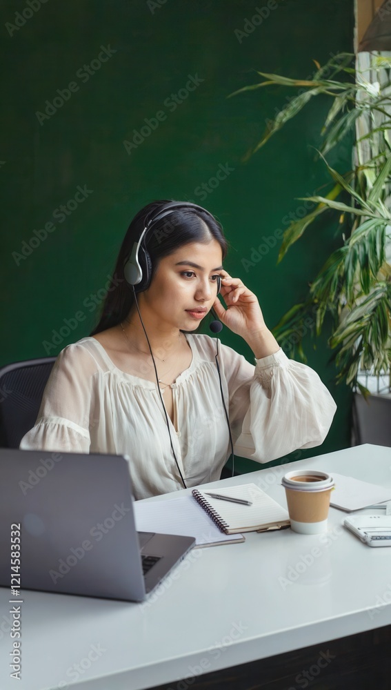 Thoughtful woman with long dark hair and a headset in a light blouse working in a green office with plants, perfect for customer support, remote work, business consulting, and team communication Thoughtful woman with long dark hair and a headset in a light blouse working in a green office with plants, perfect for customer support, remote work, business consulting, and team communication