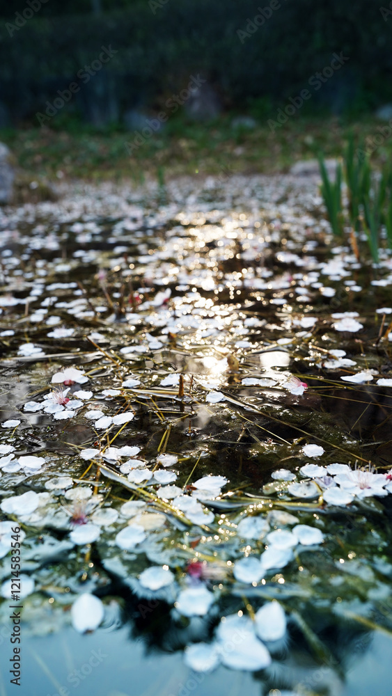 Fototapeta premium Fallen Cherry Blossoms on a Pond Under Glowing Sunlight