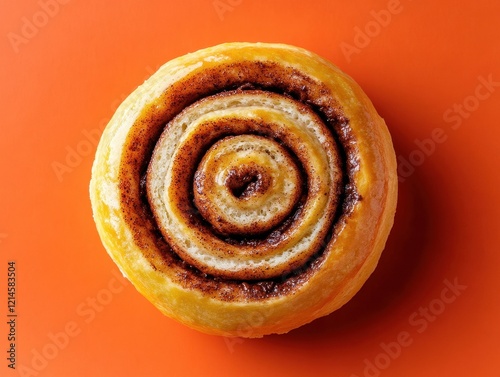 A perfectly swirled cinnamon roll on an orange background
